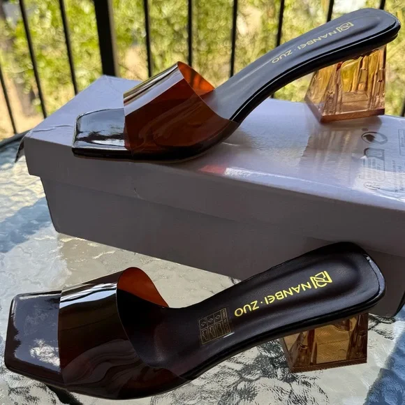 Square toed Brown Women's Slide Heels - Picture 3 of 7